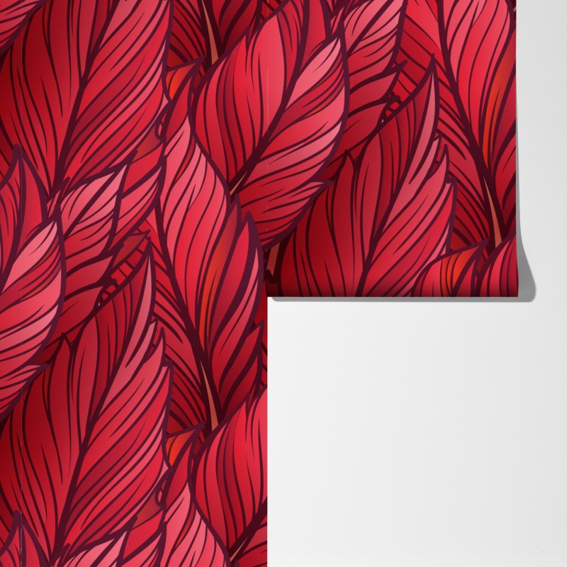 Fototapeta czerwony botaniczny wzór liści – Wallissimo® Fototapeta czerwony botaniczny wzór liści – Wallissimo®