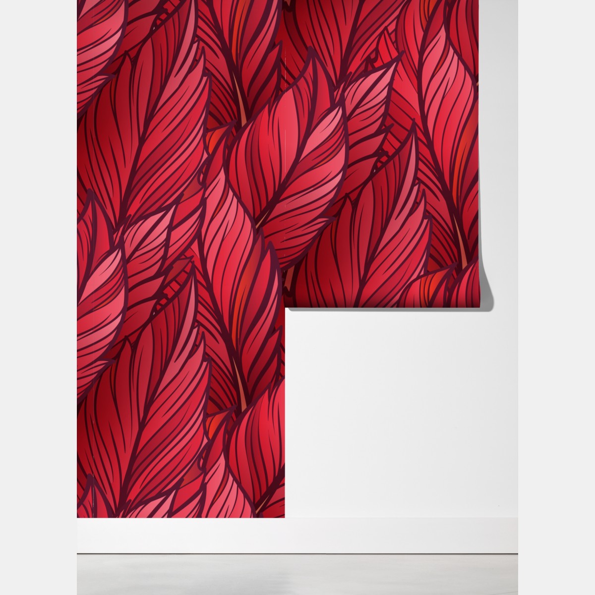 Fototapeta czerwony botaniczny wzór liści – Wallissimo® Fototapeta czerwony botaniczny wzór liści – Wallissimo®