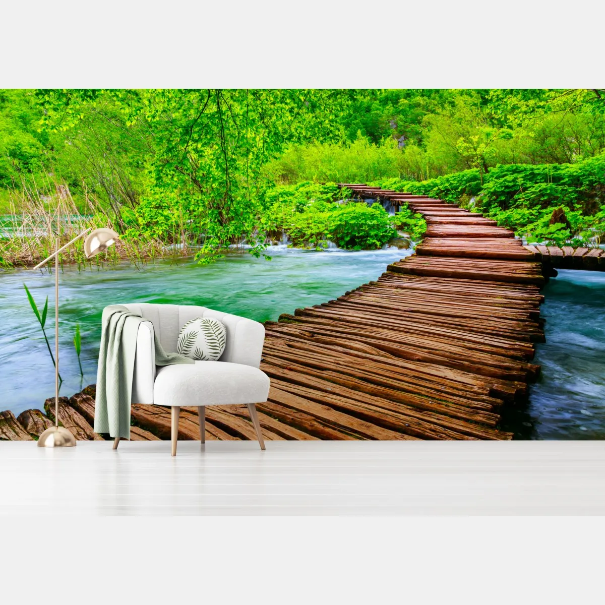 Fototapeta spokojna zielona kładka nad rzeką – Wallissimo® Fototapeta spokojna zielona kładka nad rzeką – Wallissimo®