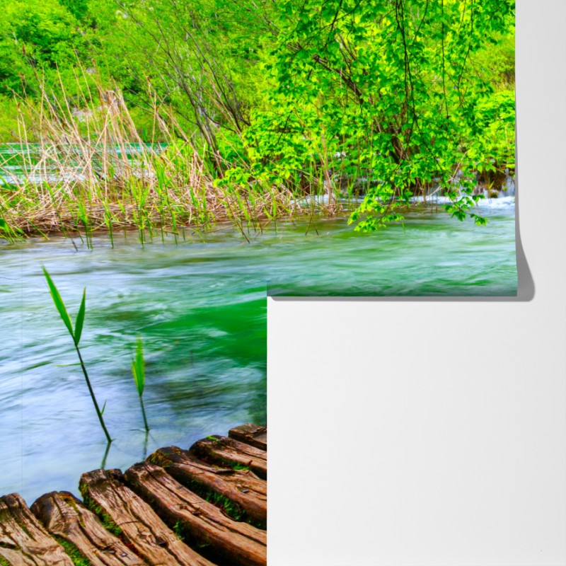 Fototapeta spokojna zielona kładka nad rzeką – Wallissimo® Fototapeta spokojna zielona kładka nad rzeką – Wallissimo®