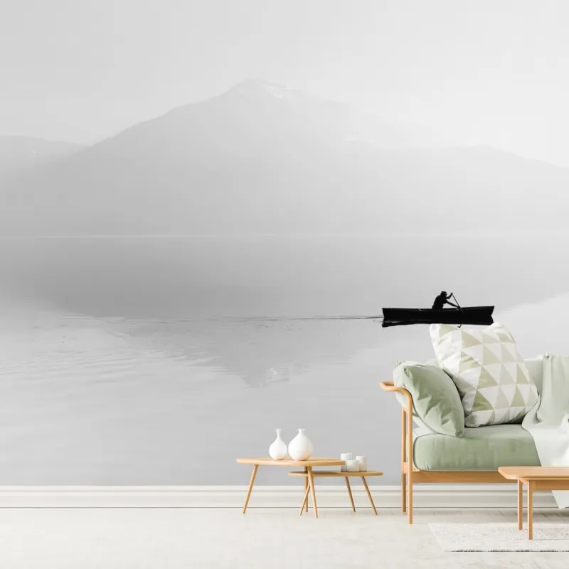 Fototapeta samotny wioślarz na mglistym jeziorze – Wallissimo® Fototapeta samotny wioślarz na mglistym jeziorze – Wallissimo®