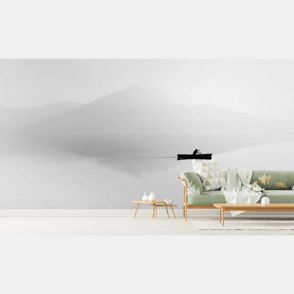 Fototapeta samotny wioślarz na mglistym jeziorze – Wallissimo® Fototapeta samotny wioślarz na mglistym jeziorze – Wallissimo®