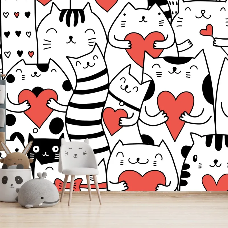 Wall mural cute cats with hearts pattern