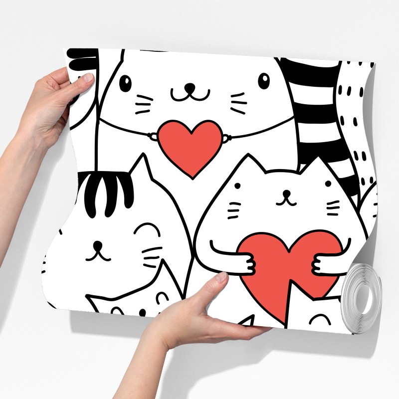 Fototapeta urocze koty z sercami wzór – Wallissimo® Fototapeta urocze koty z sercami wzór – Wallissimo®