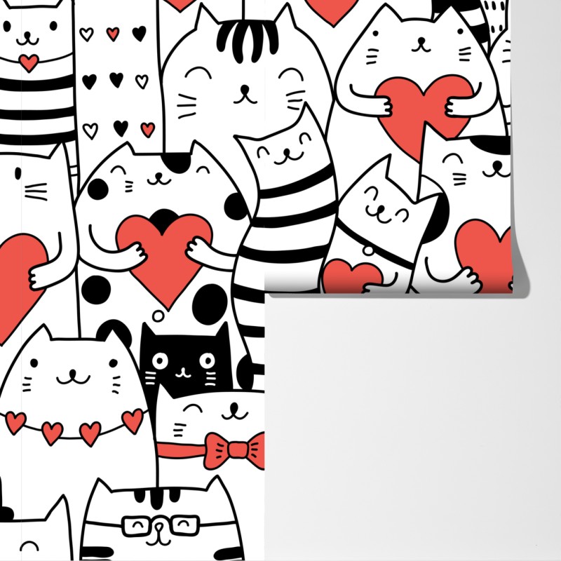 Fototapeta urocze koty z sercami wzór – Wallissimo® Fototapeta urocze koty z sercami wzór – Wallissimo®