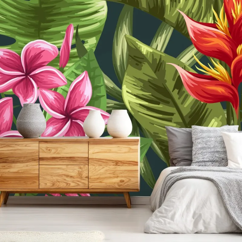 Wall mural tropical hibiscus and plumeria floral pattern