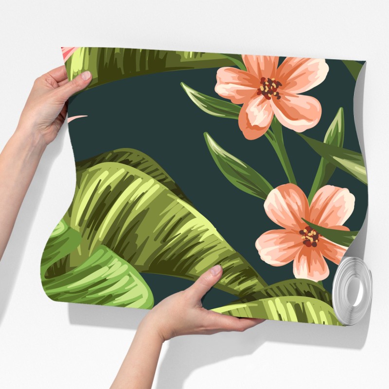 Fototapeta tropikalny wzór hibiskusa i plumerii – Wallissimo® Fototapeta tropikalny wzór hibiskusa i plumerii – Wallissimo®