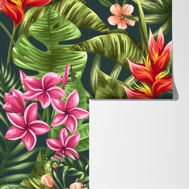 Fototapeta tropikalny wzór hibiskusa i plumerii – Wallissimo® Fototapeta tropikalny wzór hibiskusa i plumerii – Wallissimo®