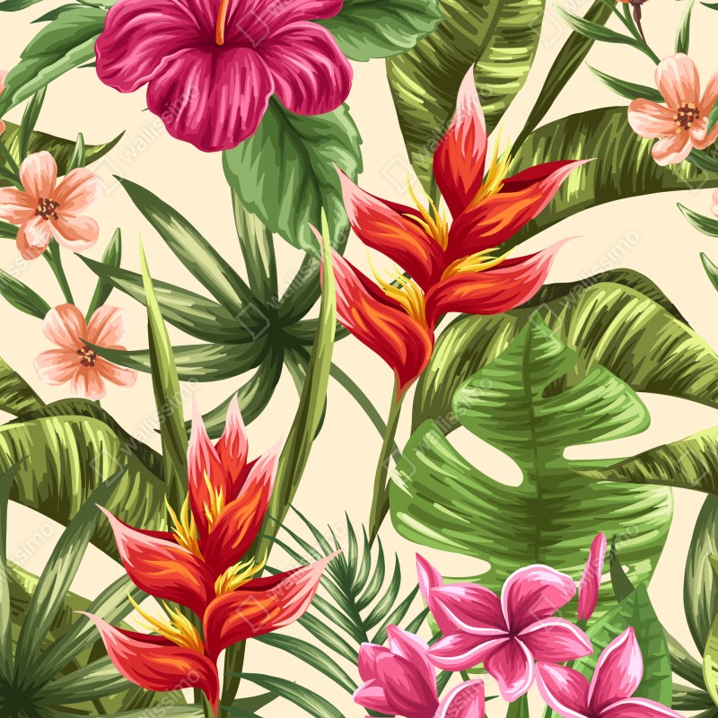 Fototapeta tropikalny wzór kwiatowy z hibiskusem i plumerią – Wallissimo® Fototapeta tropikalny wzór kwiatowy z hibiskusem i plumerią – Wallissimo®