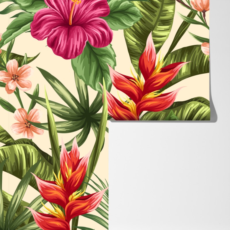 Fototapeta tropikalny wzór kwiatowy z hibiskusem i plumerią – Wallissimo® Fototapeta tropikalny wzór kwiatowy z hibiskusem i plumerią – Wallissimo®