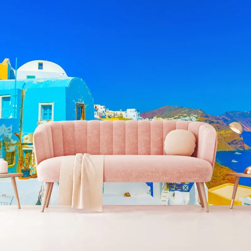 Wall mural sunlit view of Oia, Santorini coast