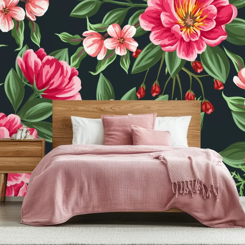 Wall mural pink watercolor floral pattern on dark background