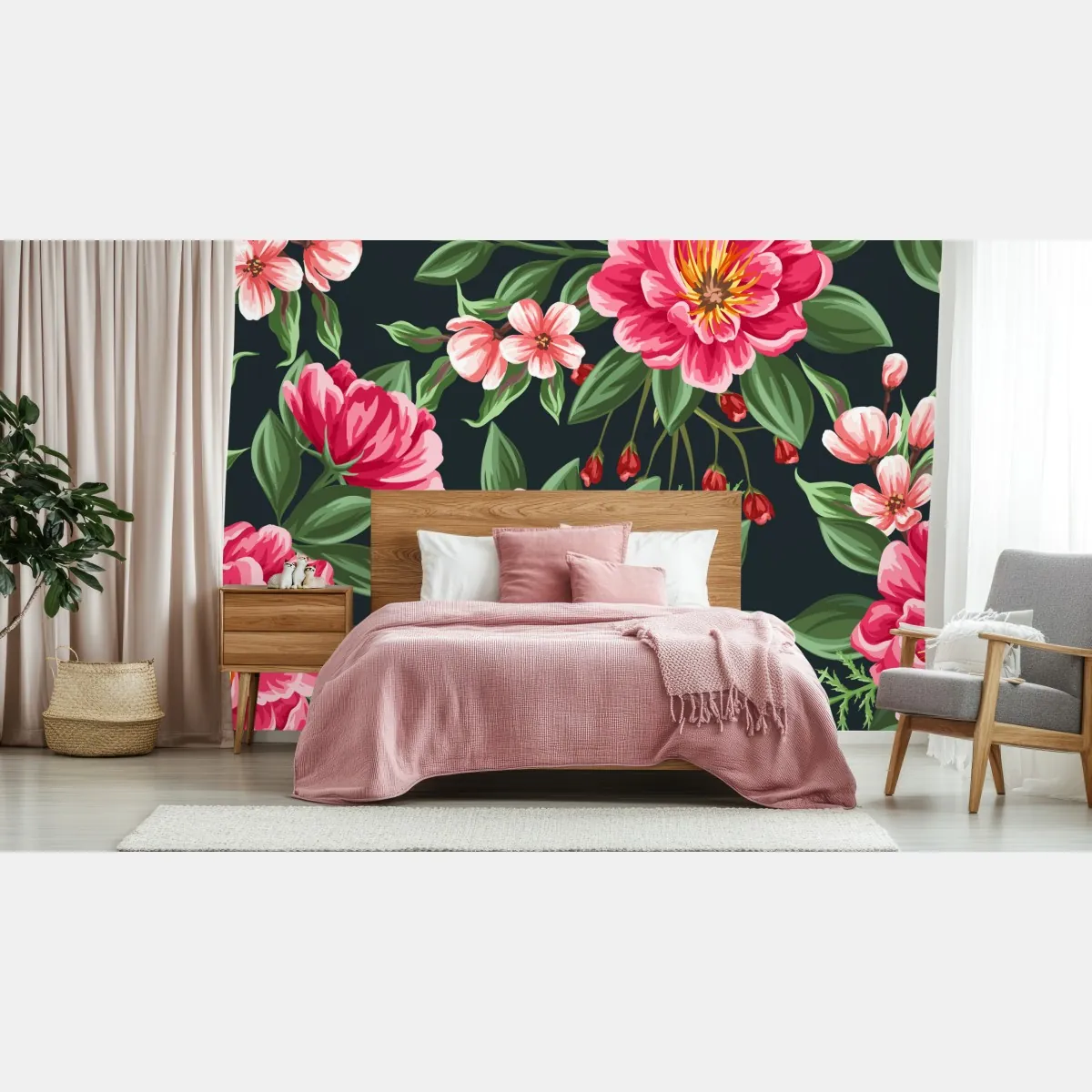 Fototapeta różowy wzór kwiatowy w stylu akwareli na ciemnym tle – Wallissimo® Fototapeta różowy wzór kwiatowy w stylu akwareli na ciemnym tle – Wallissimo®