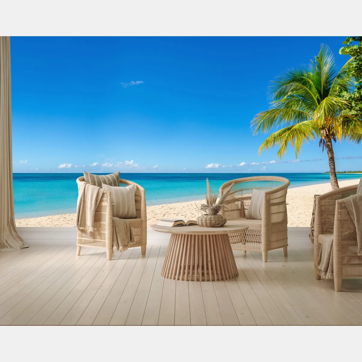 Fototapeta tropikalna plaża z turkusową wodą i palmą – Wallissimo® Fototapeta tropikalna plaża z turkusową wodą i palmą – Wallissimo®