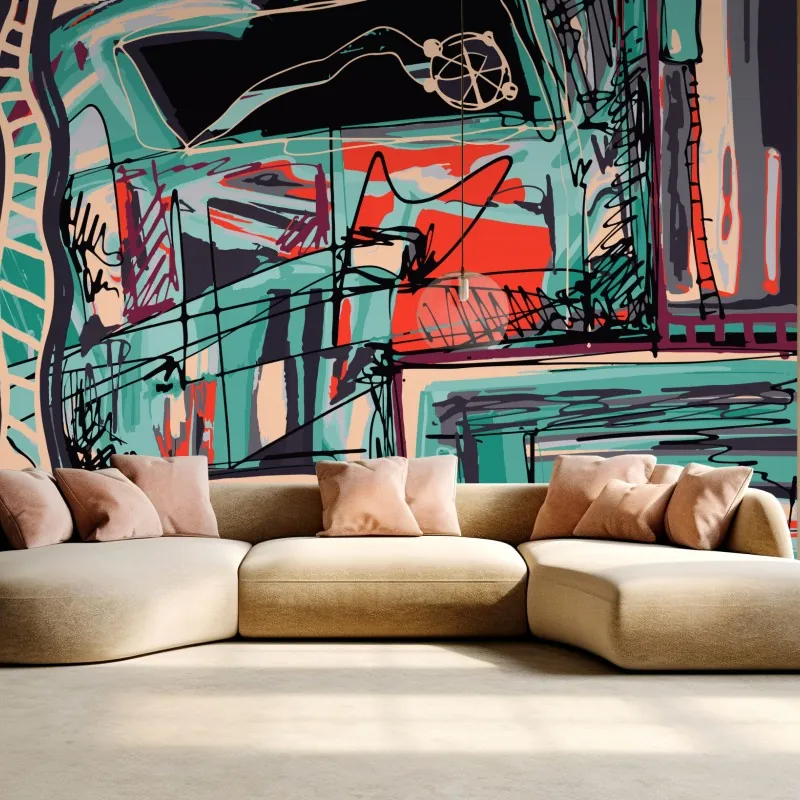 Wall mural turquoise and coral abstract cityscape lines