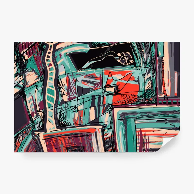 Wall mural turquoise and coral abstract cityscape lines