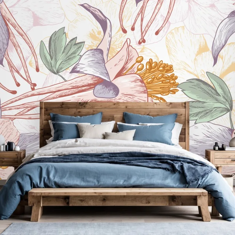 Wall mural soft pastel botanical blooms