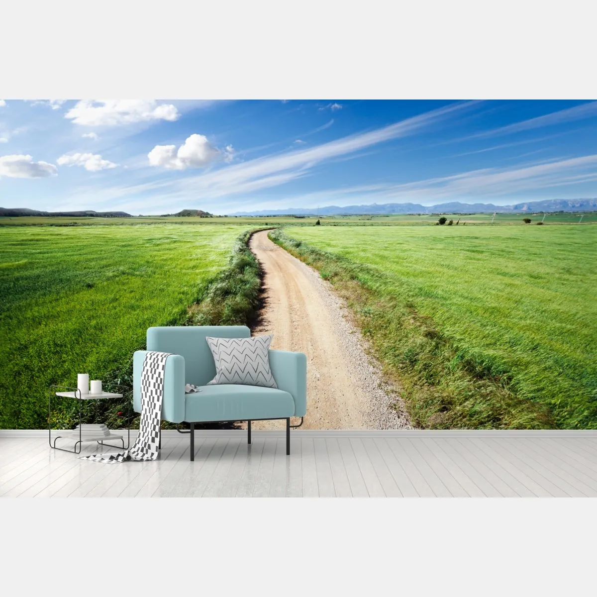 Fototapeta wijąca się wiejska droga przez zielone łąki – Wallissimo® Fototapeta wijąca się wiejska droga przez zielone łąki – Wallissimo®