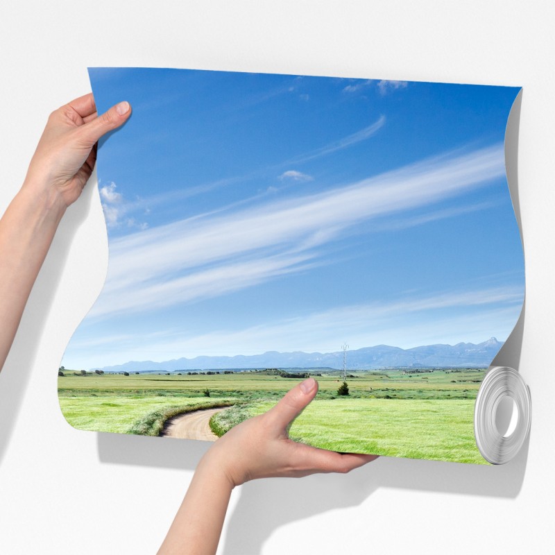 Fototapeta wijąca się wiejska droga przez zielone łąki – Wallissimo® Fototapeta wijąca się wiejska droga przez zielone łąki – Wallissimo®