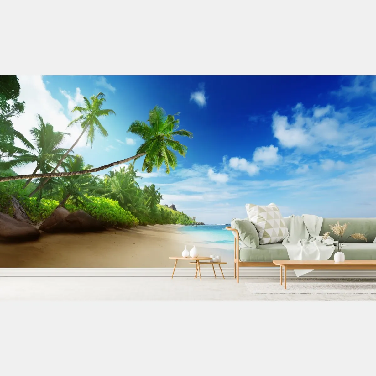 Fototapeta zachód słońca na plaży Mahe, Seszele – Wallissimo® Fototapeta zachód słońca na plaży Mahe, Seszele – Wallissimo®