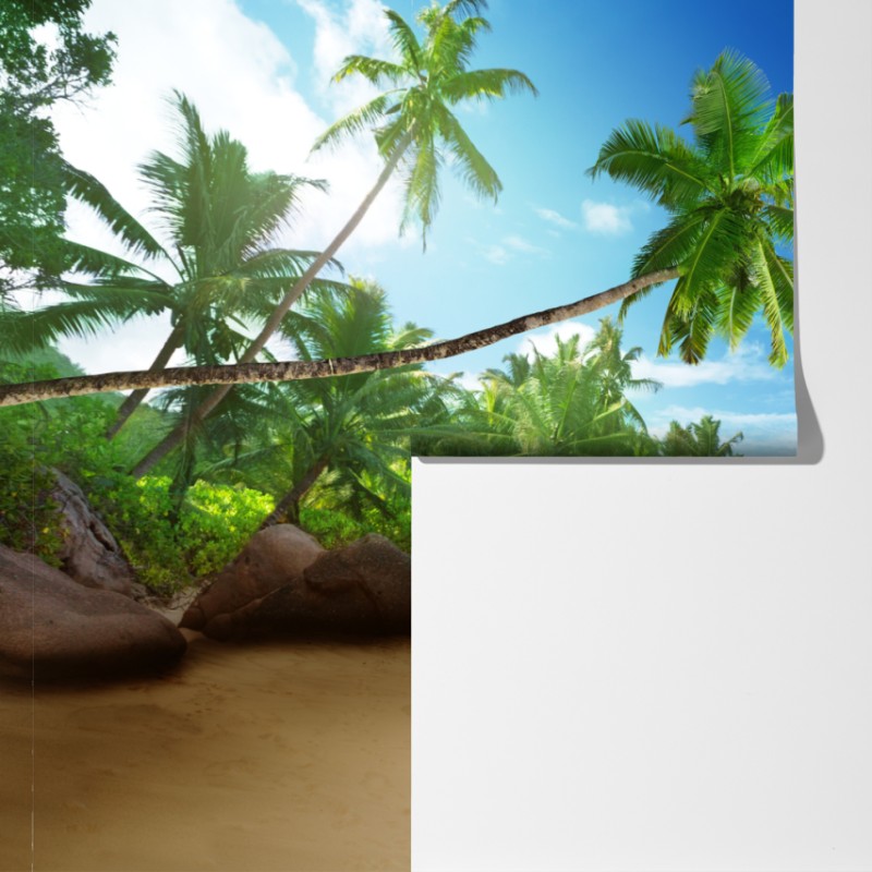 Fototapeta zachód słońca na plaży Mahe, Seszele – Wallissimo® Fototapeta zachód słońca na plaży Mahe, Seszele – Wallissimo®