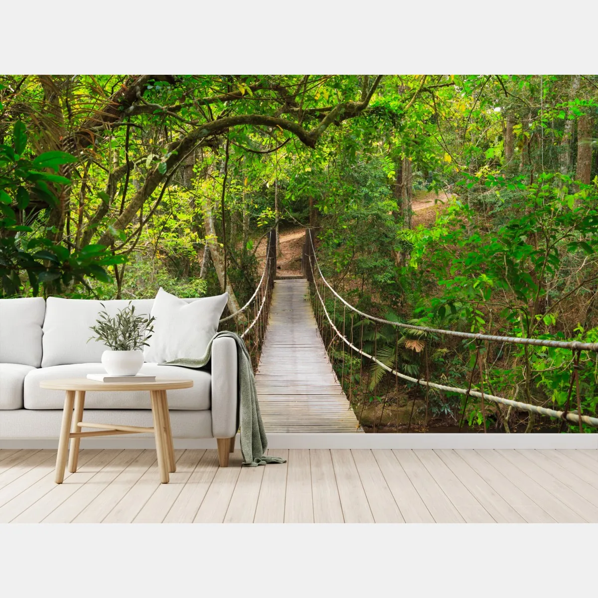 Fototapeta wiszący drewniany most w zielonym lesie – Wallissimo® Fototapeta wiszący drewniany most w zielonym lesie – Wallissimo®