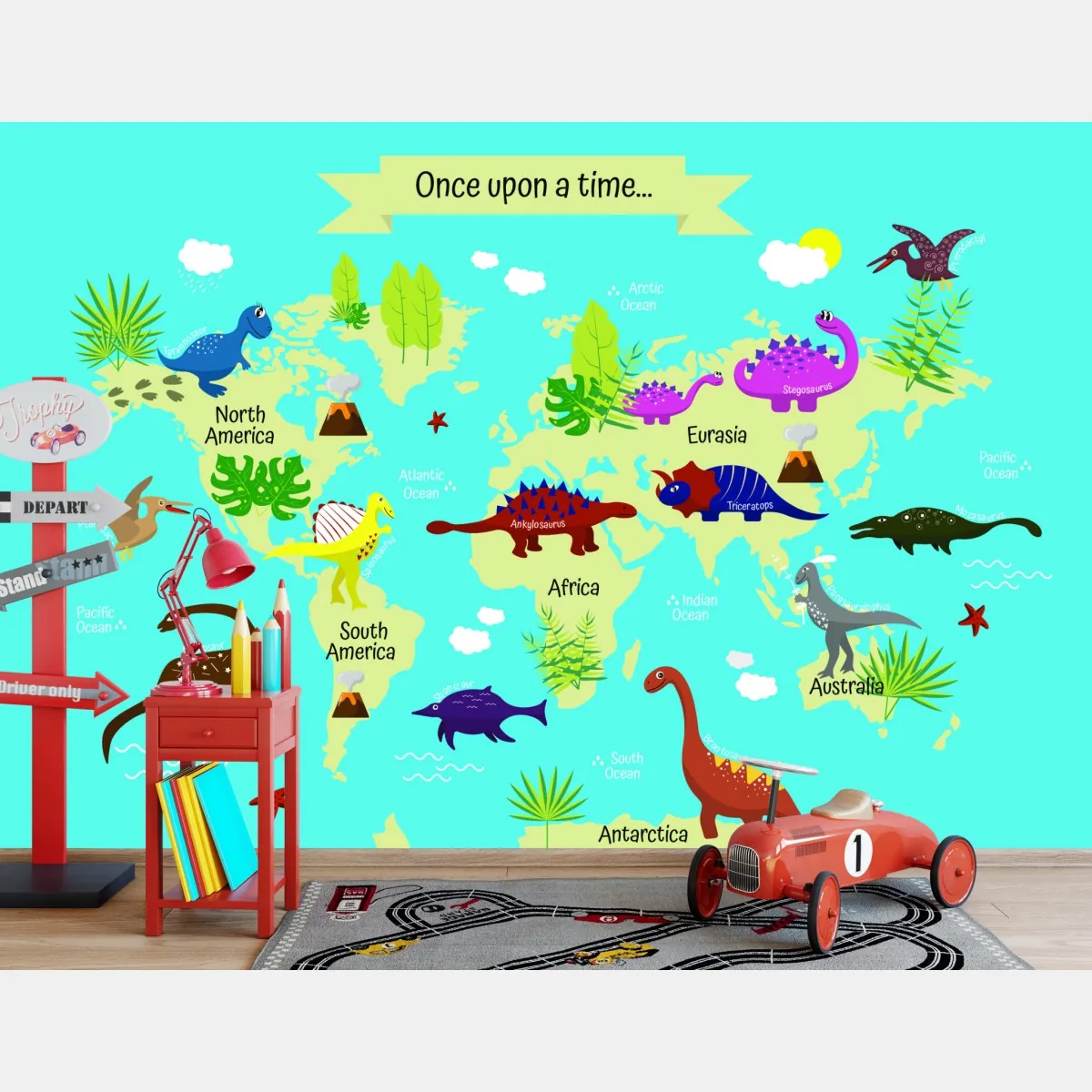 Fototapeta kolorowa mapa świata z dinozaurami – Wallissimo® Fototapeta kolorowa mapa świata z dinozaurami – Wallissimo®