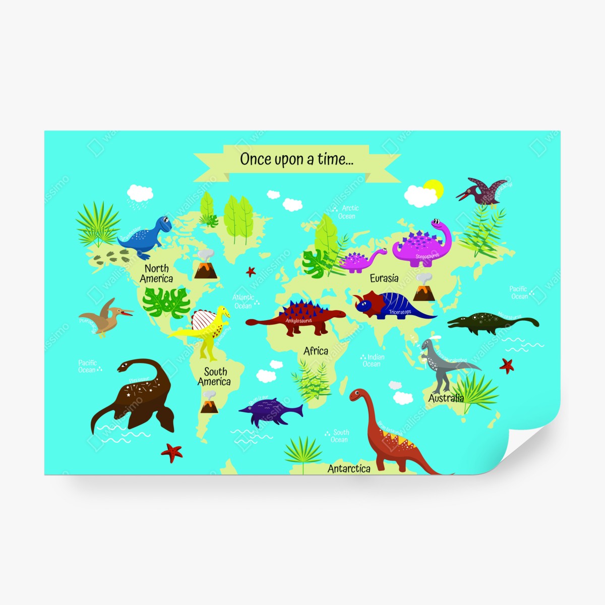 Fototapeta kolorowa mapa świata z dinozaurami – Wallissimo® Fototapeta kolorowa mapa świata z dinozaurami – Wallissimo®