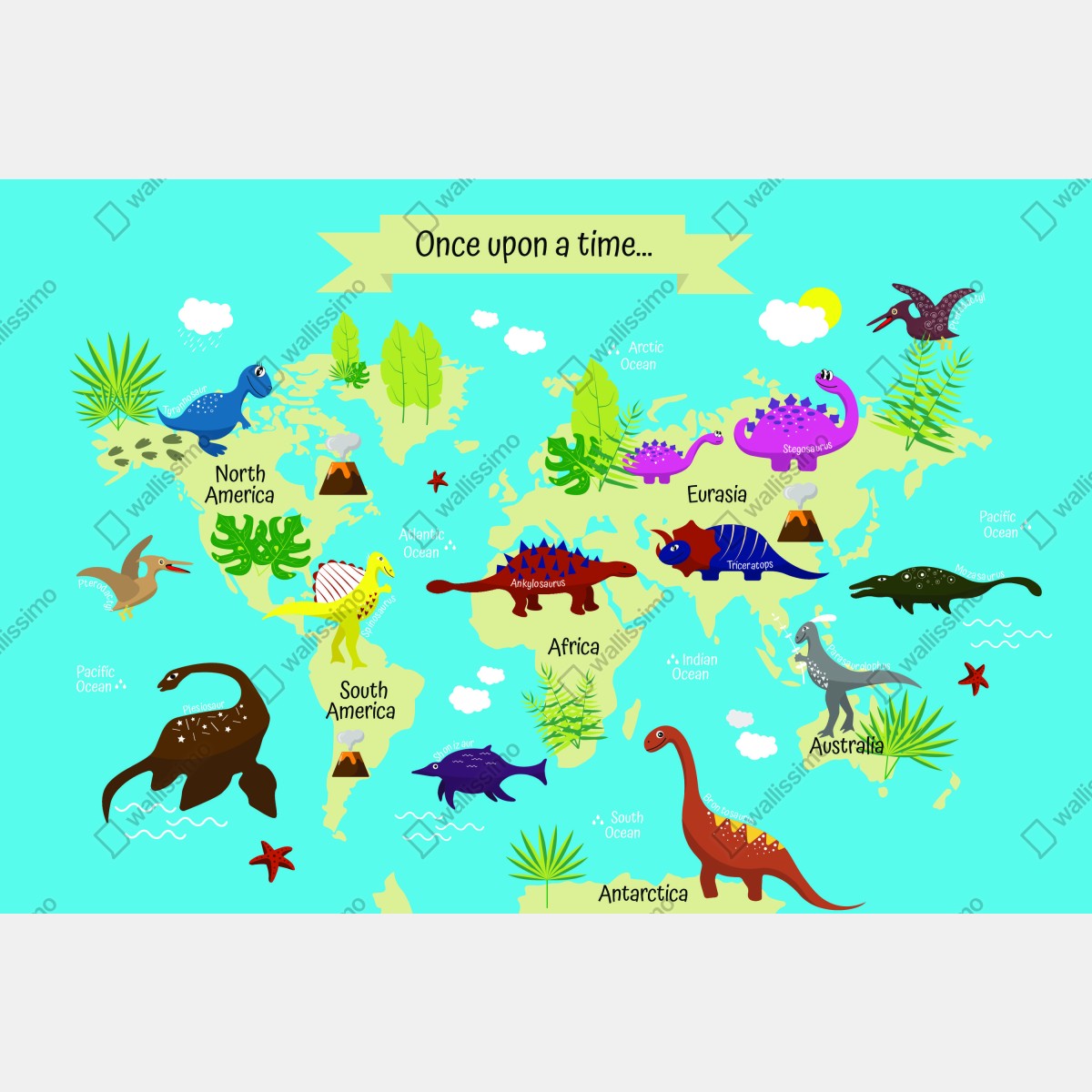 Fototapeta kolorowa mapa świata z dinozaurami – Wallissimo® Fototapeta kolorowa mapa świata z dinozaurami – Wallissimo®