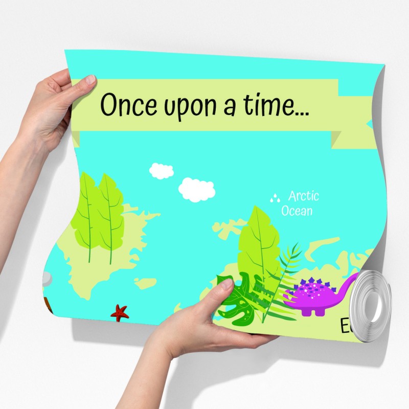 Fototapeta kolorowa mapa świata z dinozaurami – Wallissimo® Fototapeta kolorowa mapa świata z dinozaurami – Wallissimo®