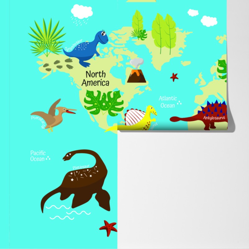 Fototapeta kolorowa mapa świata z dinozaurami – Wallissimo® Fototapeta kolorowa mapa świata z dinozaurami – Wallissimo®