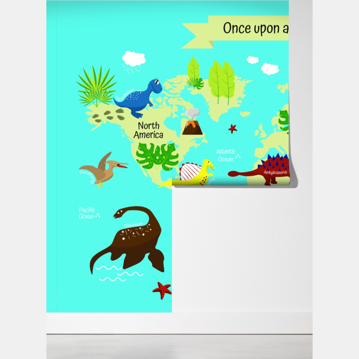 Fototapeta kolorowa mapa świata z dinozaurami – Wallissimo® Fototapeta kolorowa mapa świata z dinozaurami – Wallissimo®