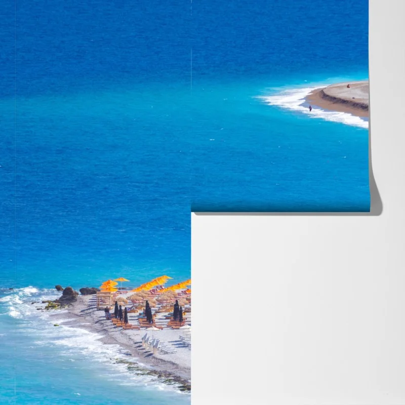 Fototapeta Rodos plaża z kolorowymi parasolami – Wallissimo® Fototapeta Rodos plaża z kolorowymi parasolami – Wallissimo®