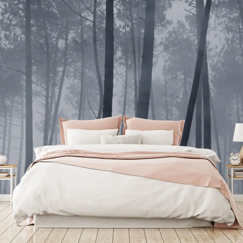 Wall mural misty pine forest at night