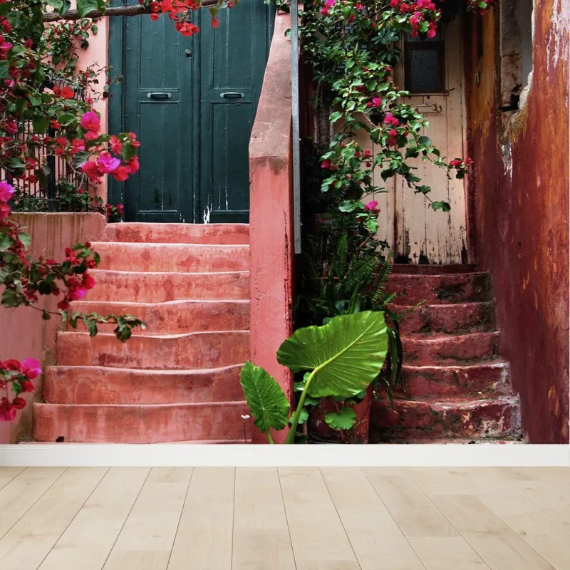 Wall mural bougainvillea stairway entrance