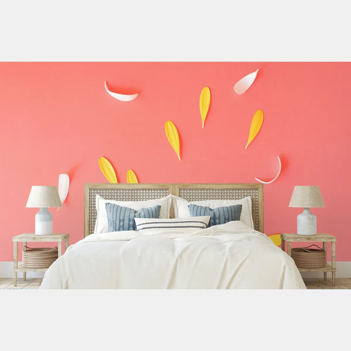 Fototapeta słoneczne żółte gerbery na koralowym tle – Wallissimo® Fototapeta słoneczne żółte gerbery na koralowym tle – Wallissimo®