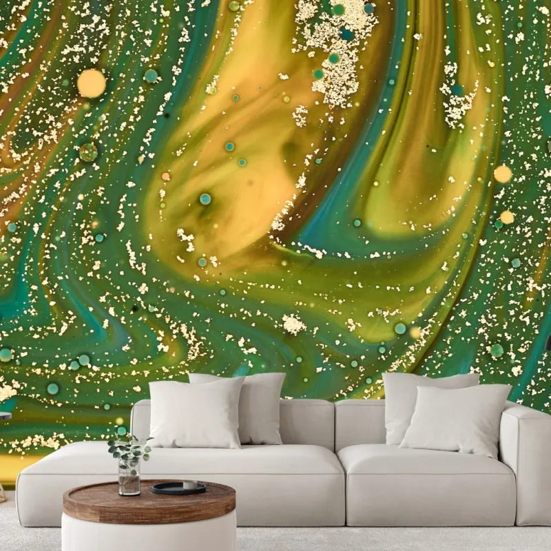 Wall mural green and gold fluid marble art print