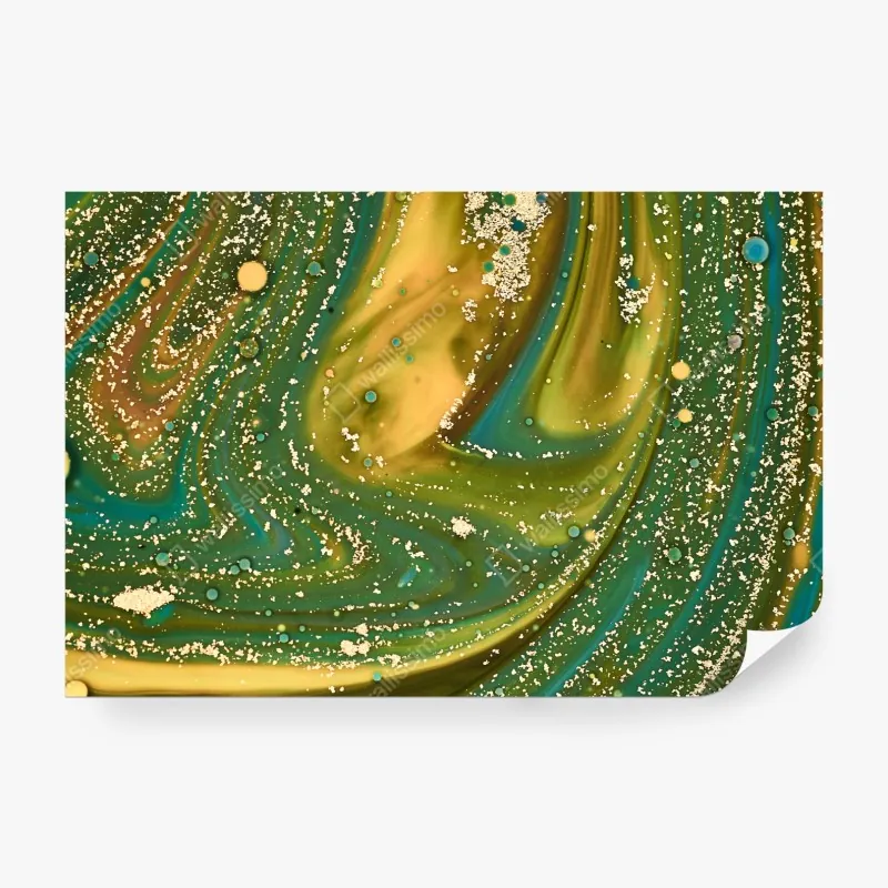 Wall mural green and gold fluid marble art print