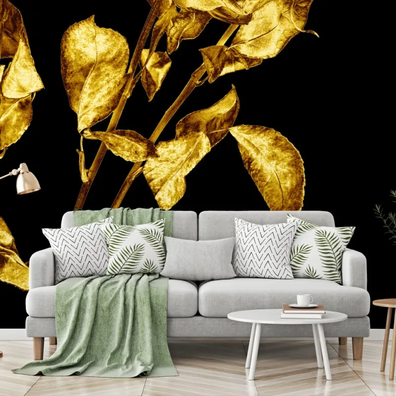 Wall mural golden roses on black