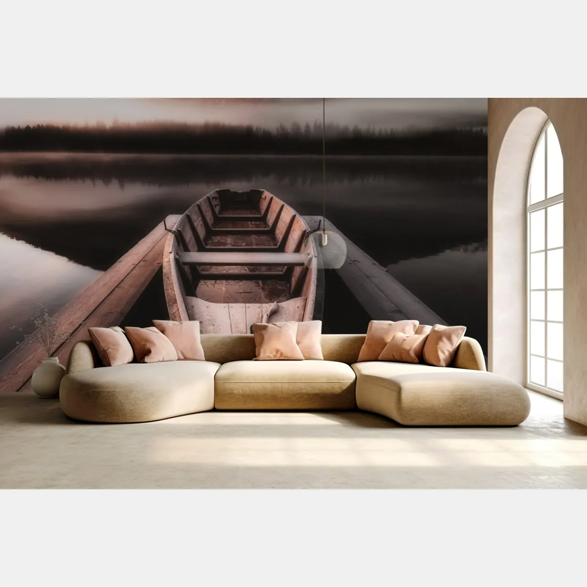 Fototapeta mglista łódź przy górskim jeziorze – Wallissimo® Fototapeta mglista łódź przy górskim jeziorze – Wallissimo®