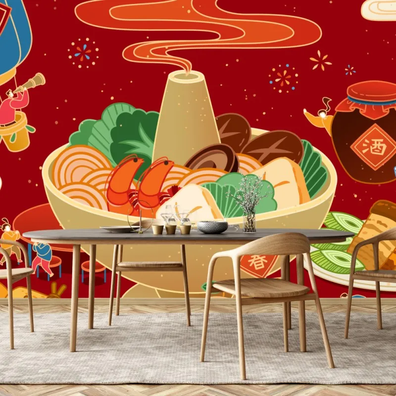 Wall mural reunion dinner illustration for Chinese New Year