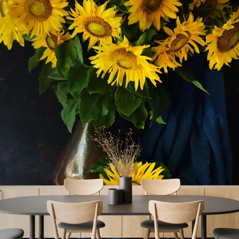 Wall mural vibrant sunflower bouquet on vintage stool