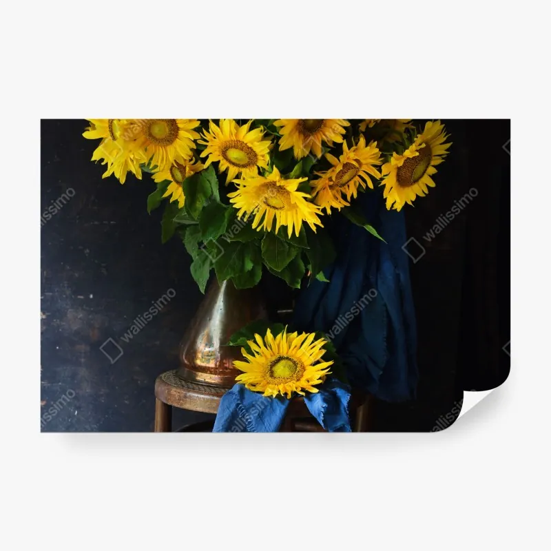 Wall mural vibrant sunflower bouquet on vintage stool