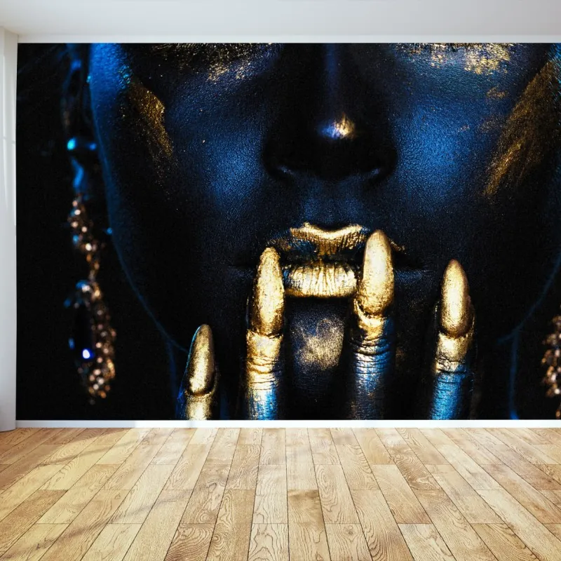 Wall mural midnight goddess with gold and sapphire body paint