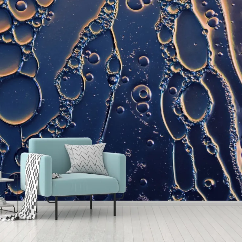 Wall mural blue and gold abstract bubbles