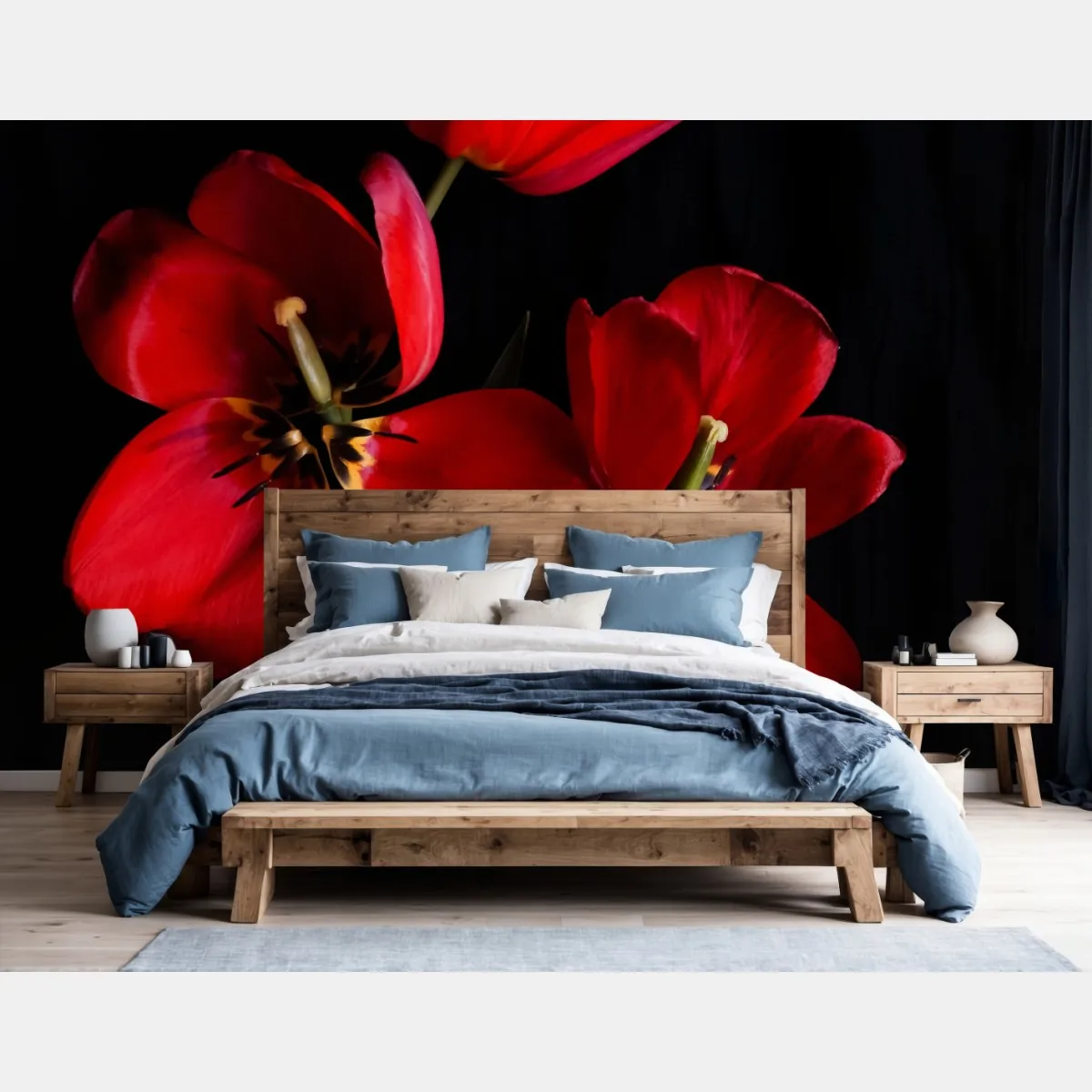 Fototapeta trzy czerwone tulipany na czarnym tle – Wallissimo® Fototapeta trzy czerwone tulipany na czarnym tle – Wallissimo®