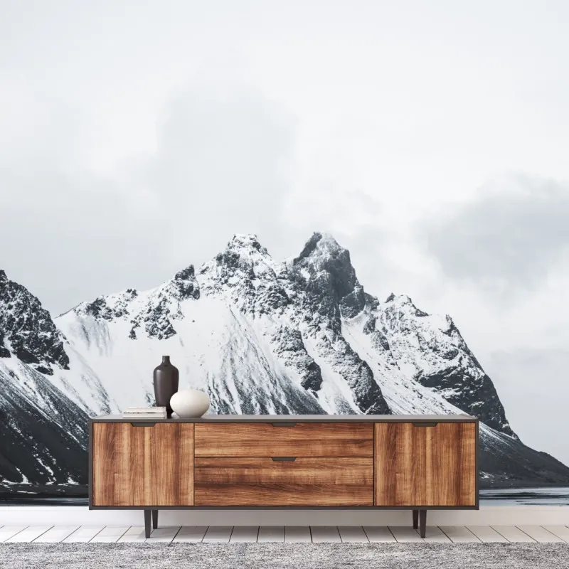 Wall mural serene snow-capped mountain seascape