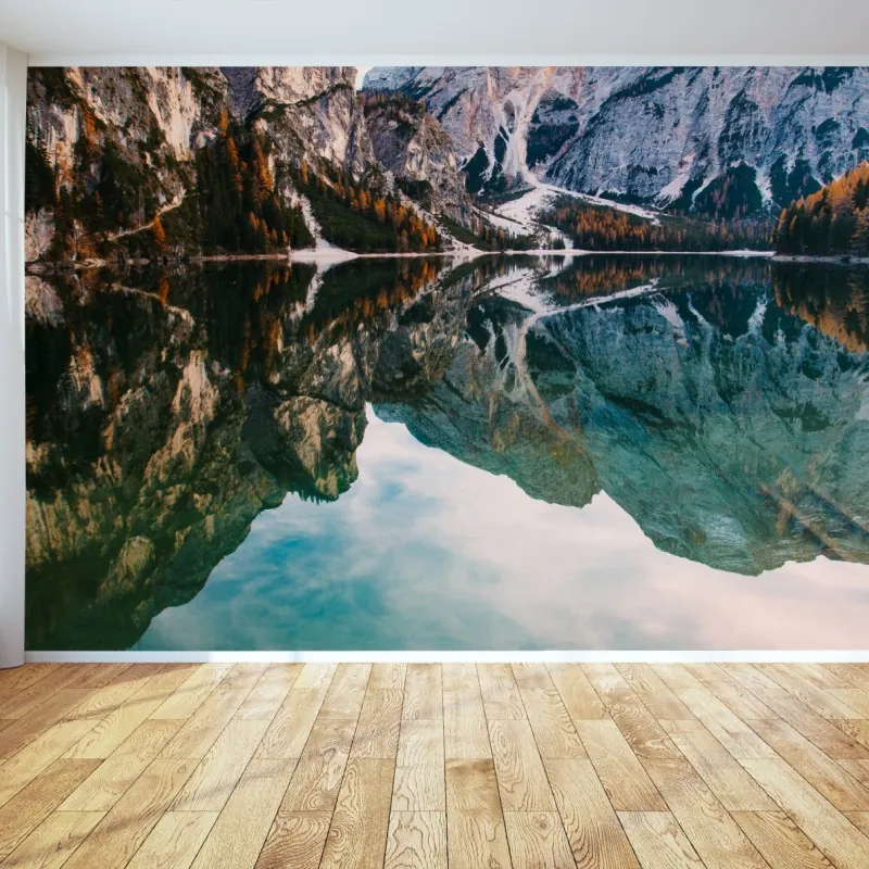 Wall mural serene alpine lake with wooden pier