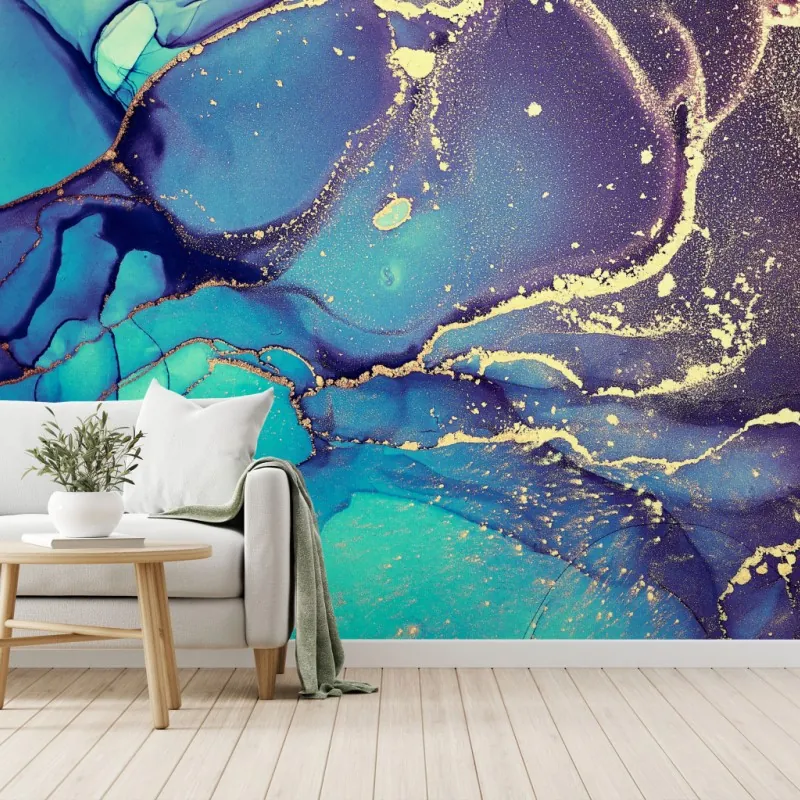 Wall mural turquoise and gold fluid marble