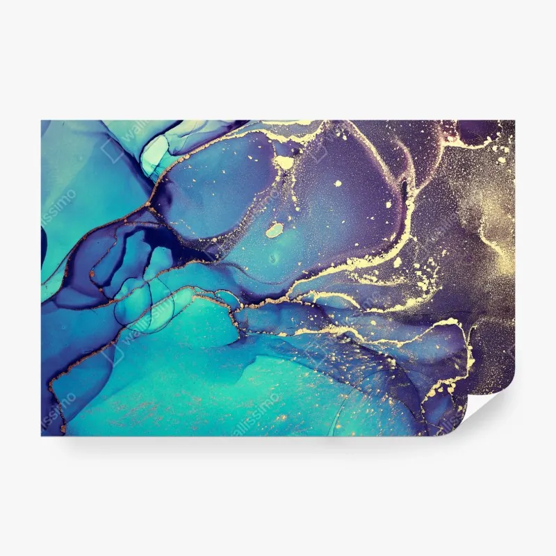 Wall mural turquoise and gold fluid marble